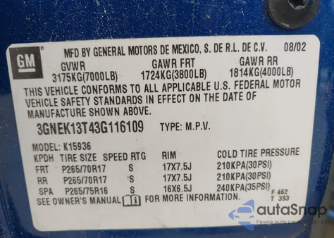 2003 Chevrolet Avalanche K1500 from USA, damaged, VIN 3GNEK13T43G116109